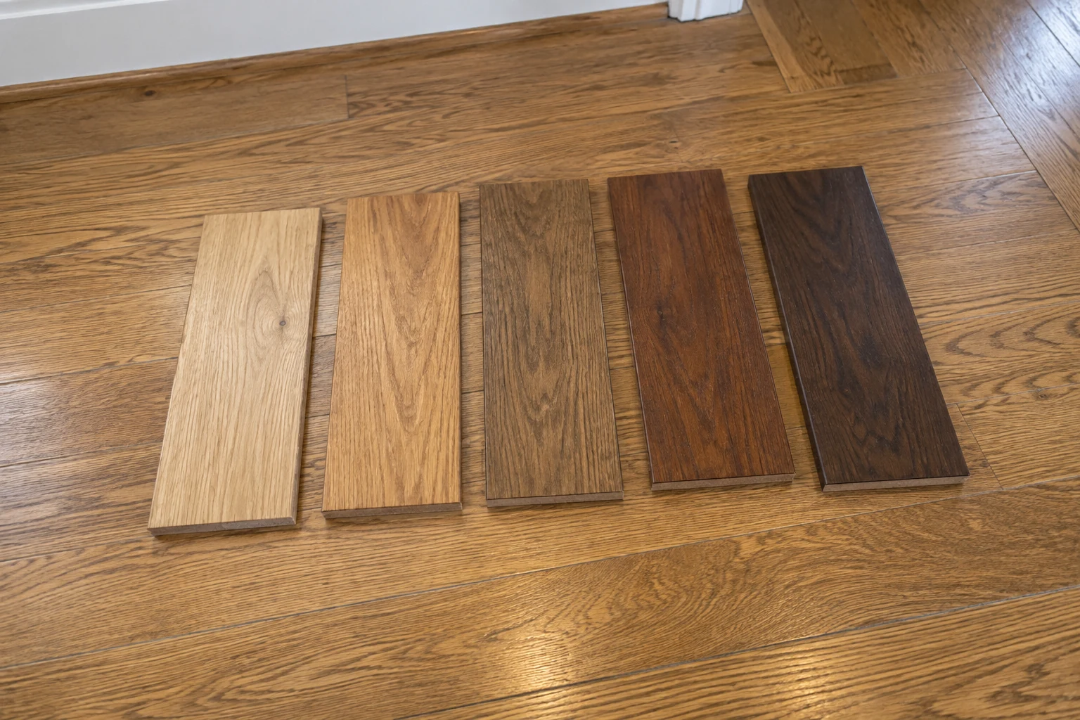 Five oak stain samples compared on an existing hardwood floor